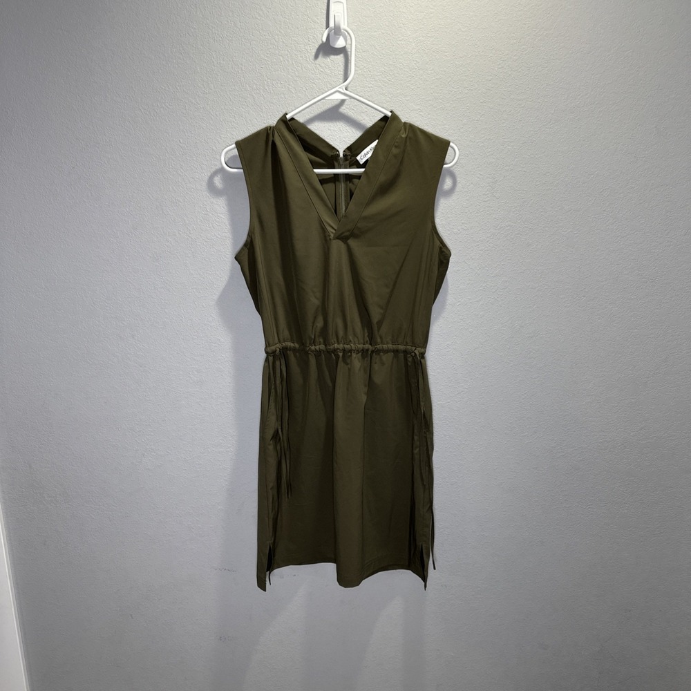 Calvin Klein Womens Sleeveless Cinched Waist Tie V-Neck Casual Green Dress 4